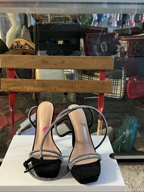Karl Lagerfeld Black Strappy Rhinestone Heel Sandals